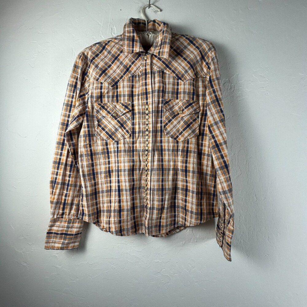 Scully Womens Top Medium Snap Button Up Shirt Plaid Yellow Blue Long Sleeve